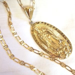 Gold 18K OX Mary Religious Link Chain Necklace